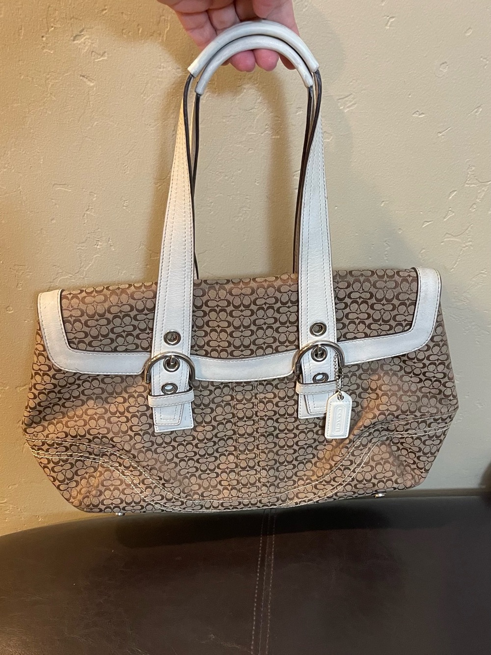 Coach Soho buckle accents Monogram Shoulder Bag Brown White Trim large y2k